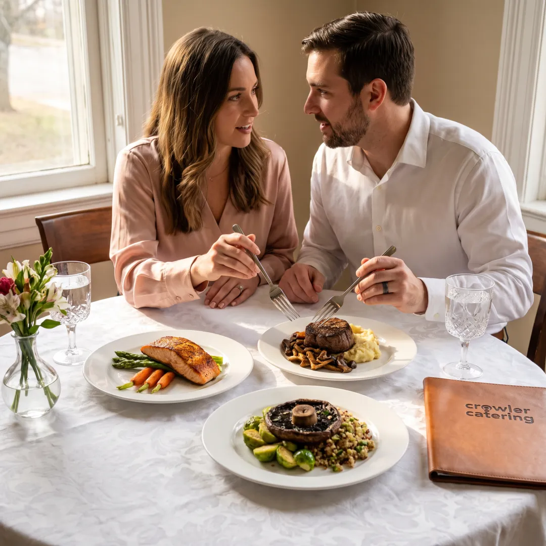 Couple sampling wedding catering dishes