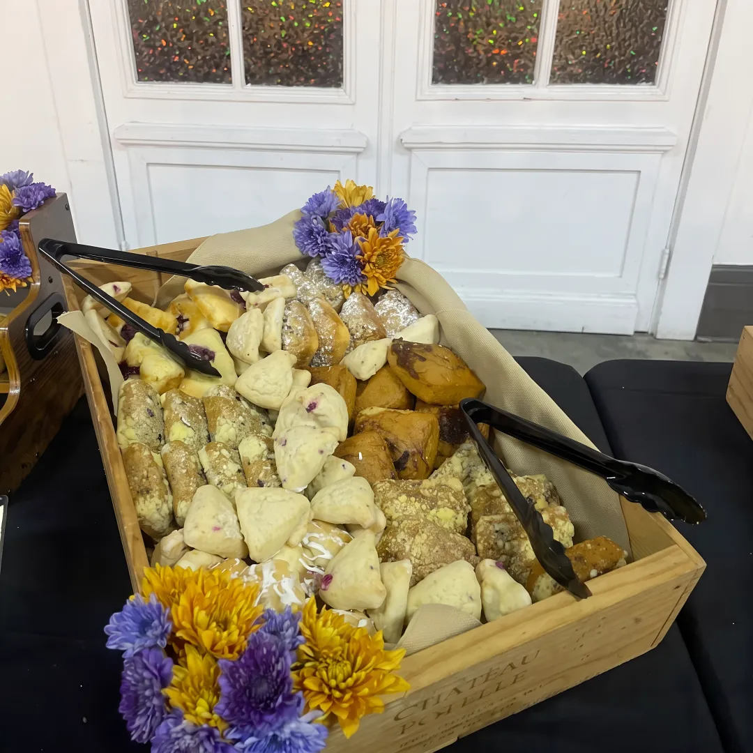 Wedding breakfast spread with pastries and fruit