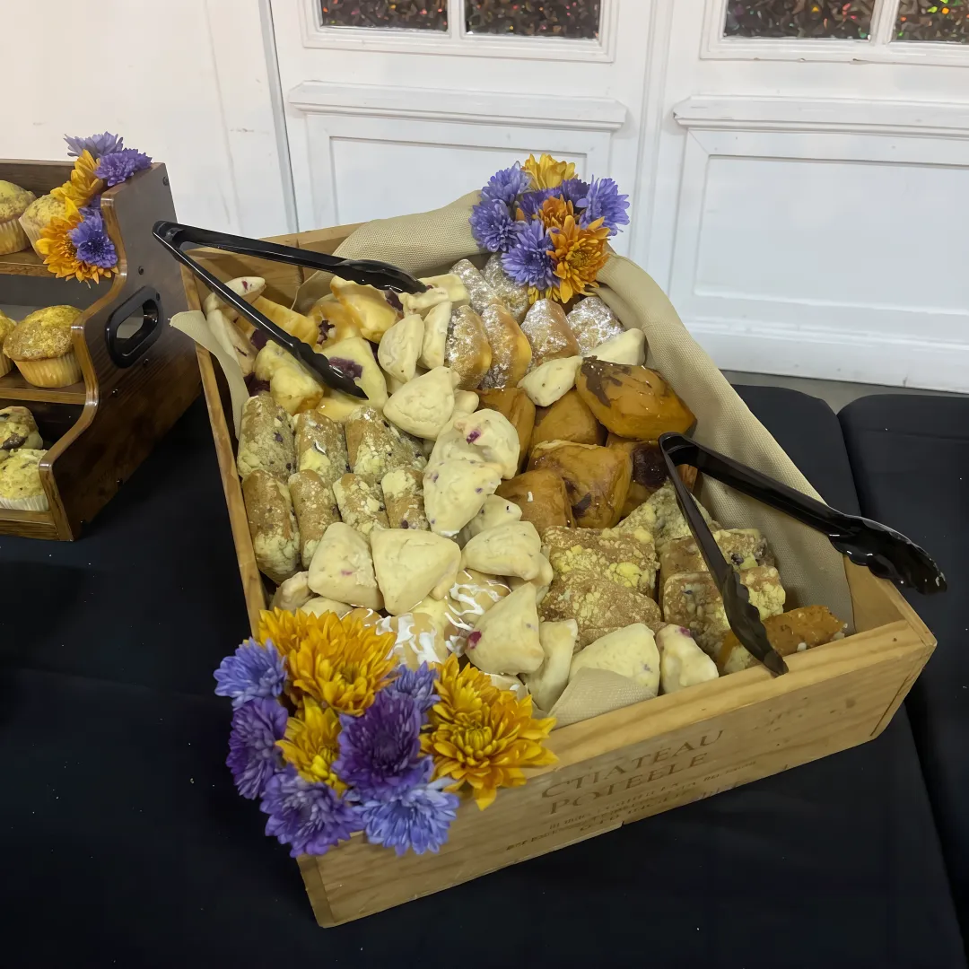 Catered breakfast sandwiches, pastries, and fruit