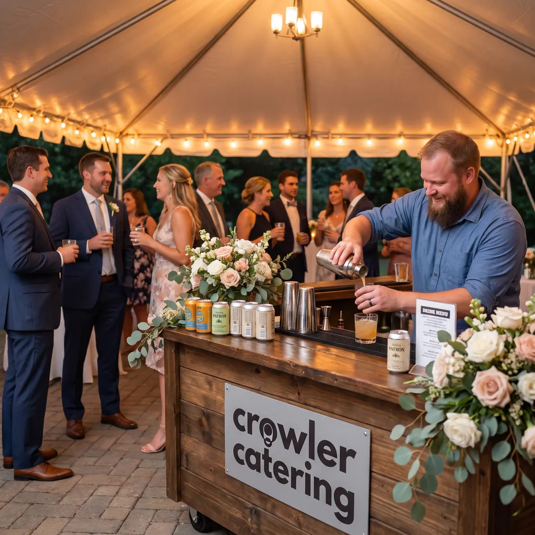 Wedding guests gathered at a mobile cocktail bar