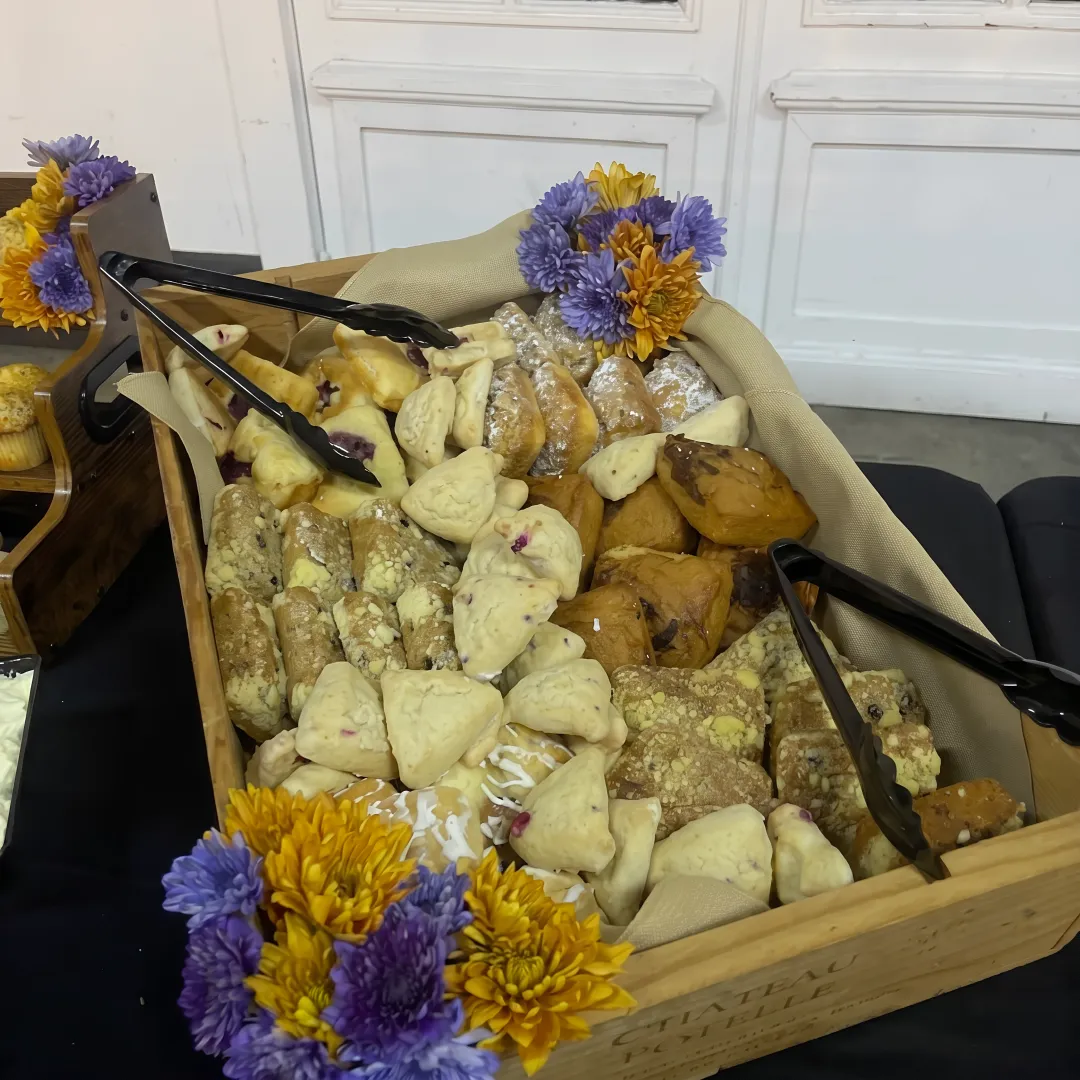 Fresh breakfast sandwiches and pastries prepared for a wedding
