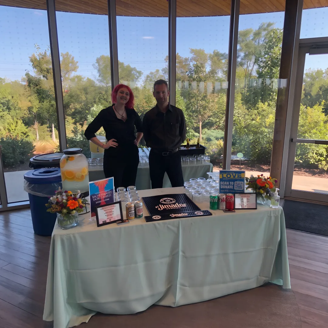 Wedding buffet and mobile bar setup
