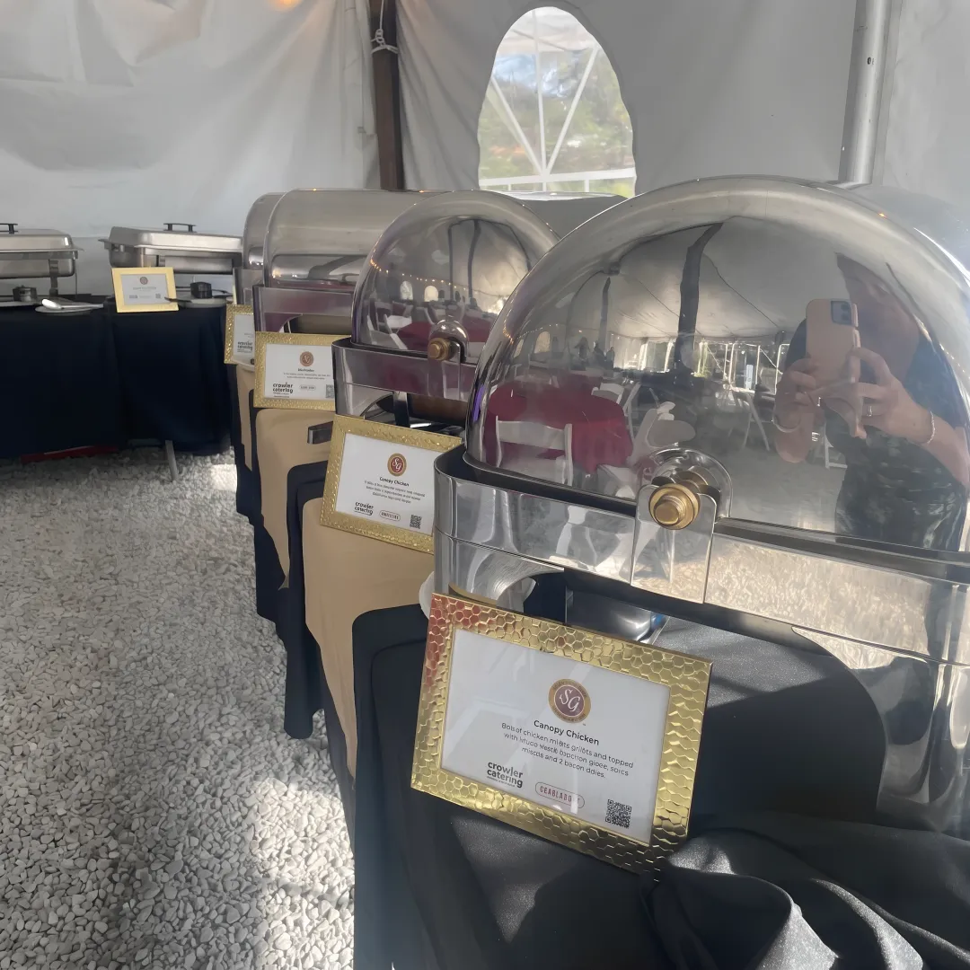 Catered event buffet with cocktails