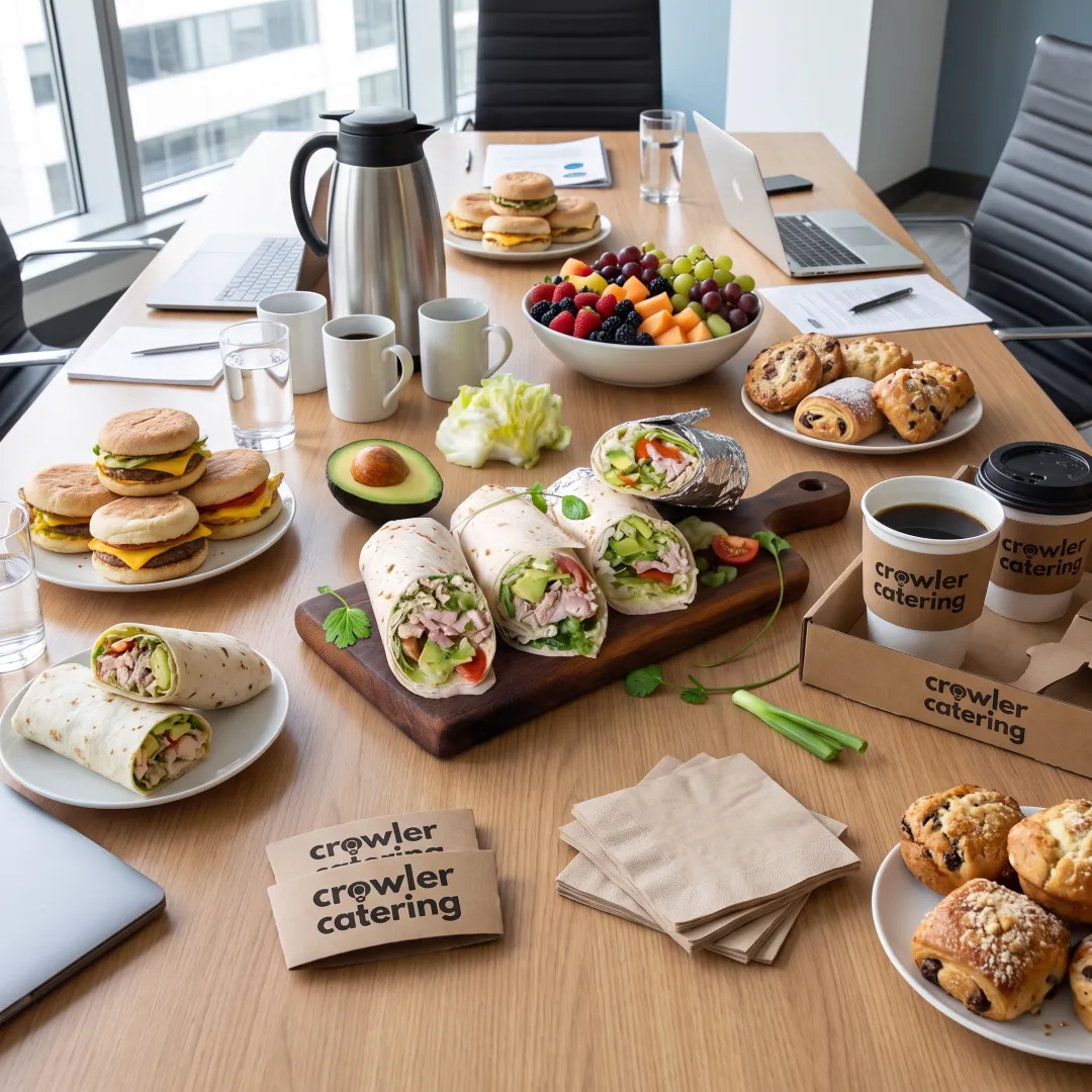 Fresh catered breakfast spread for an office meeting