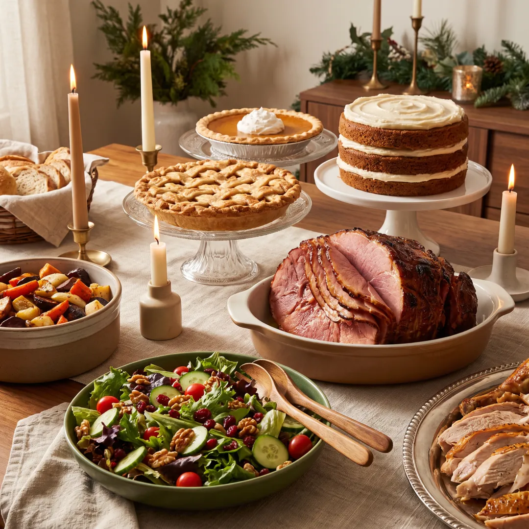 Festive catered holiday dinner spread