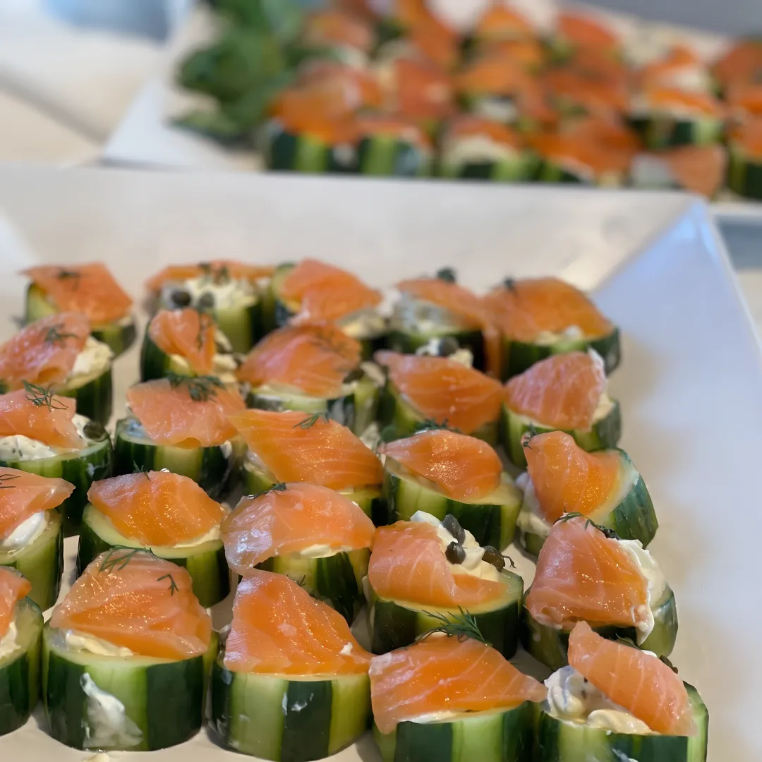 Assorted gourmet canapés arranged for a catered event
