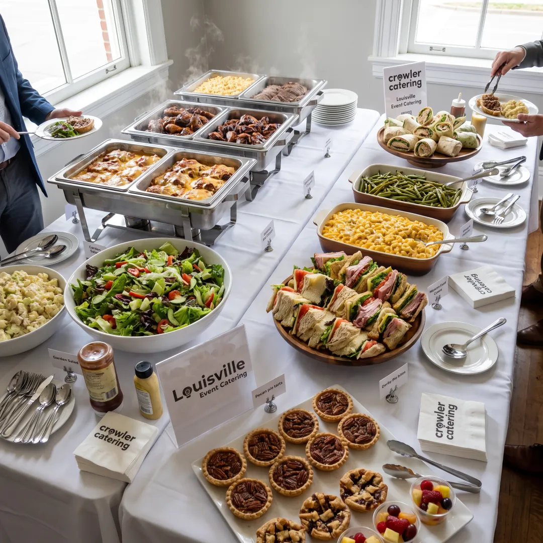 American catering buffet with sandwiches, salads, and sides