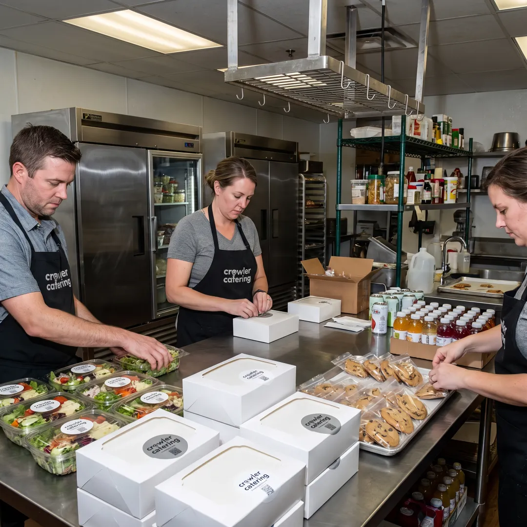 Catering team preparing a delivery order