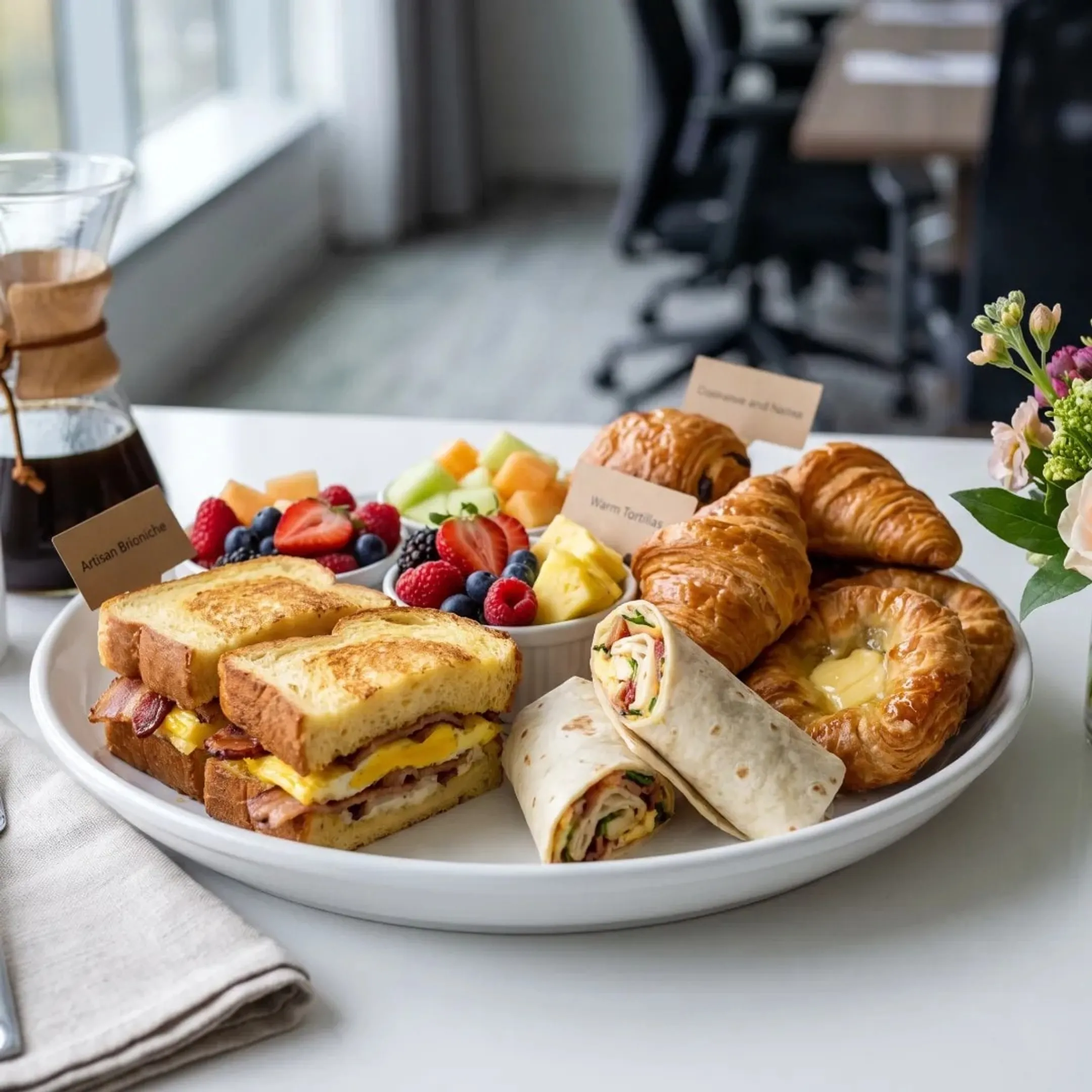 Breakfast sandwiches and fruit prepared for catering