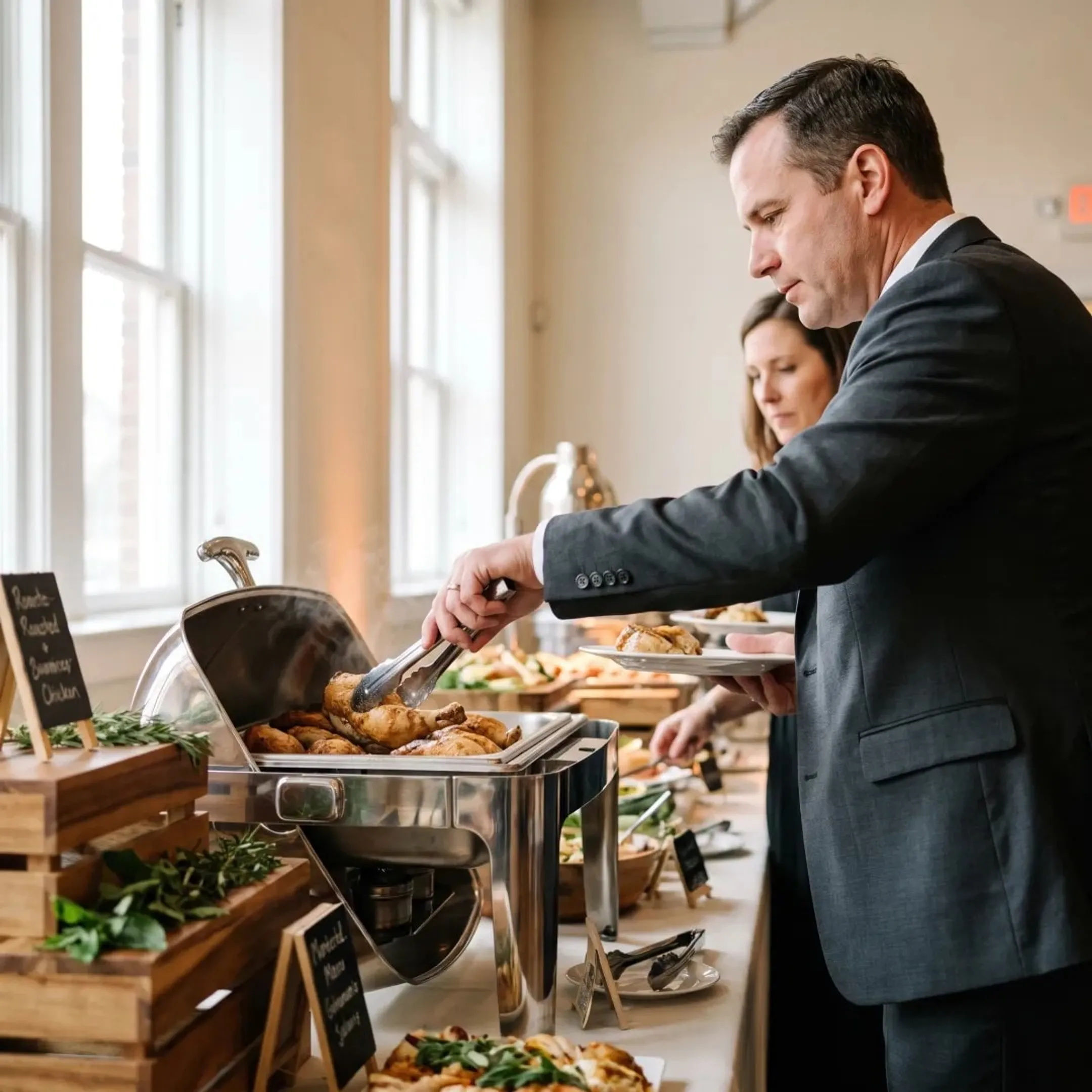 Guests choosing food from catered buffet