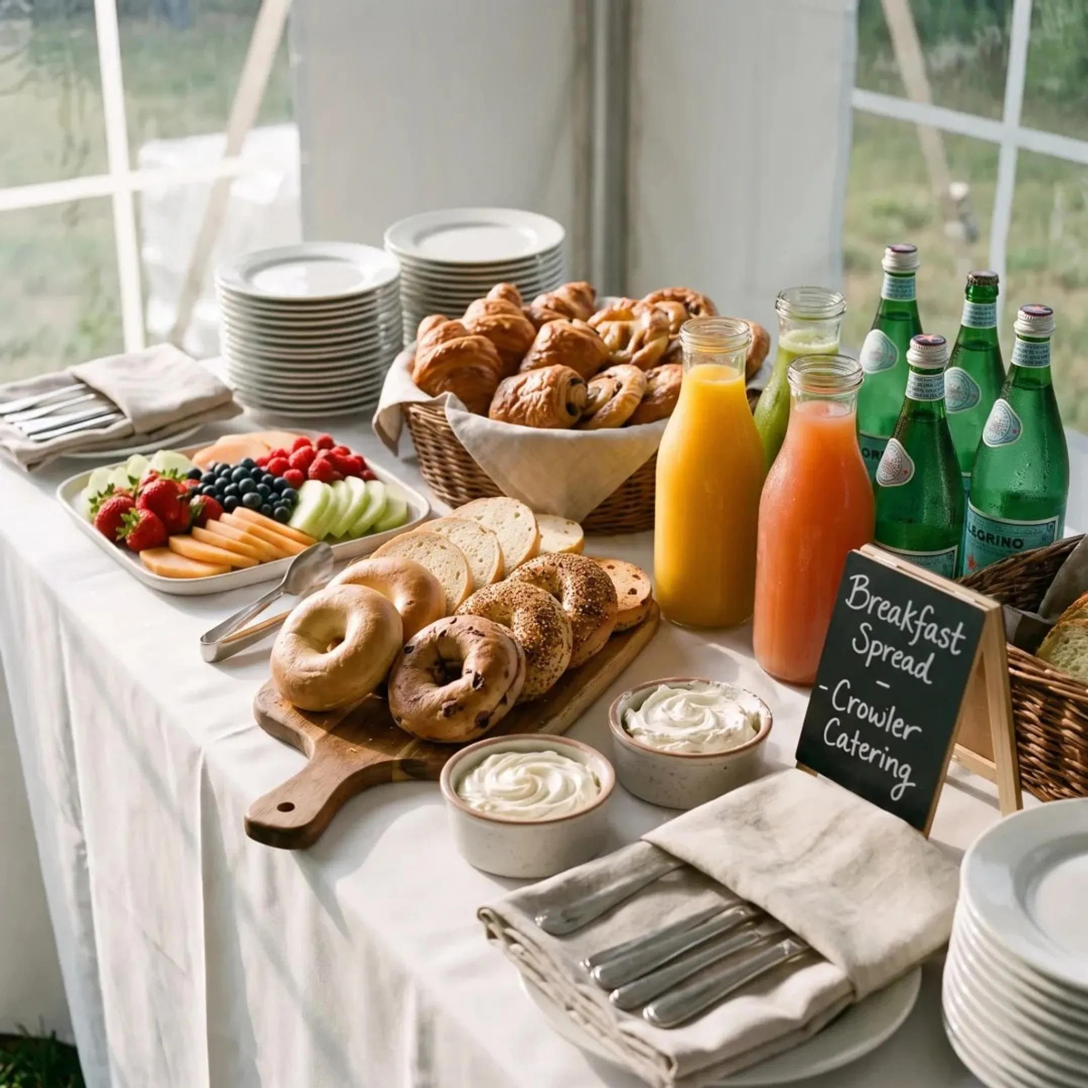 Catered bagel breakfast with fresh sides