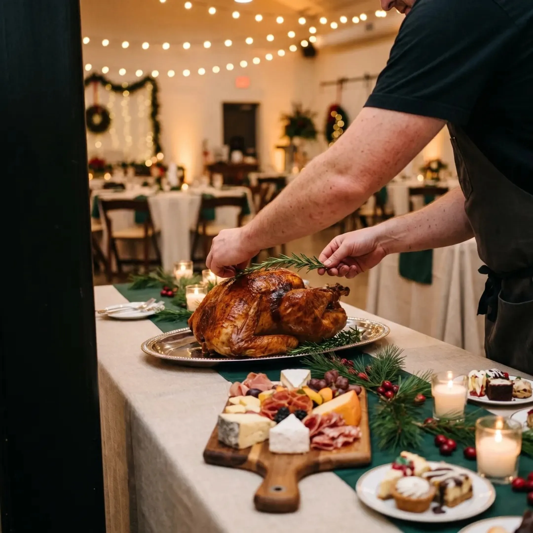 Holiday catering team arranging buffet