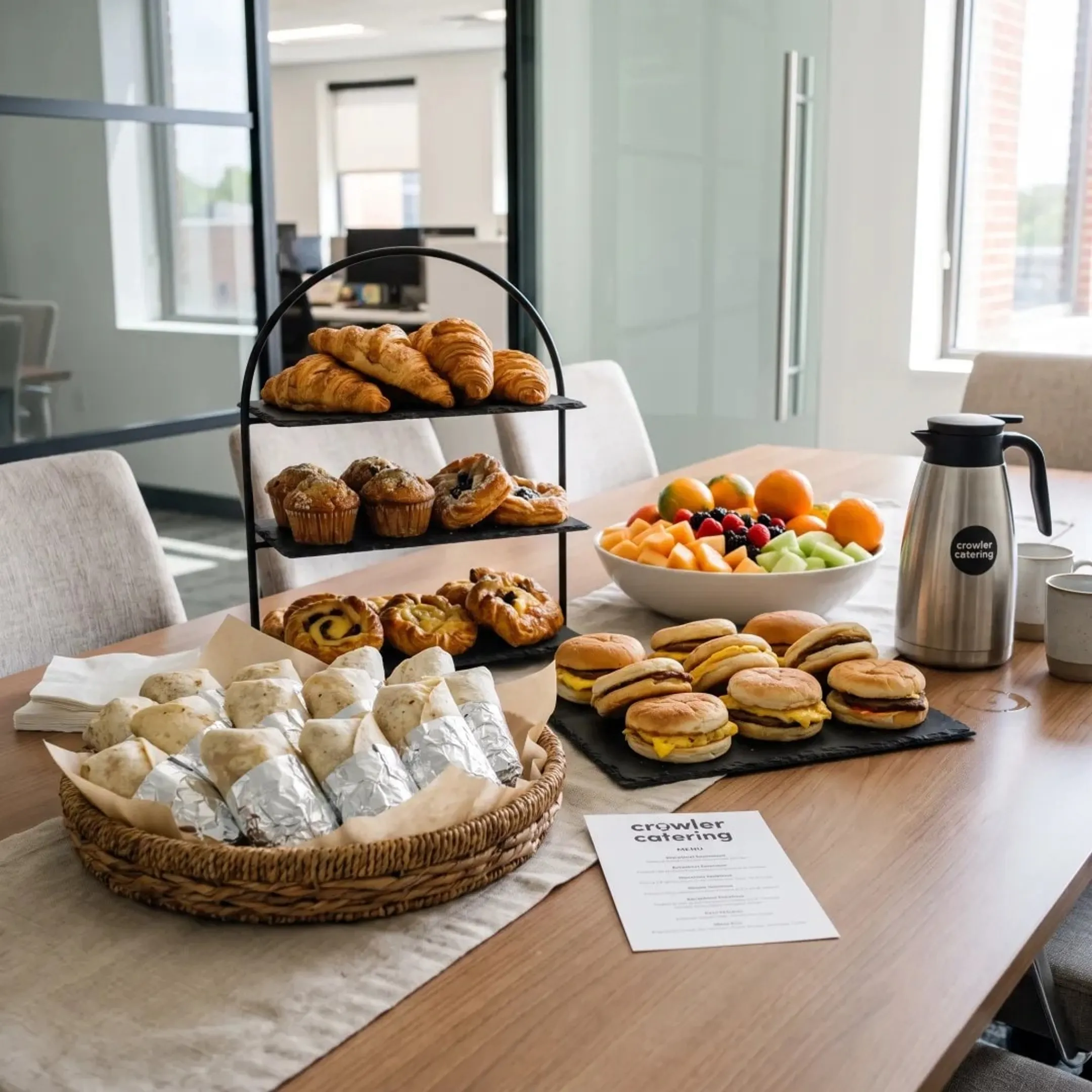 Catered breakfast spread with burritos and fresh fruit