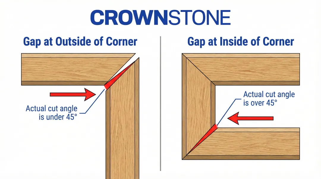 45-degree miter corner gap diagnosis inside versus outside comparison chart