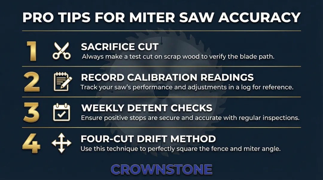 4 pro tips for consistent miter saw accuracy numbered checklist infographic