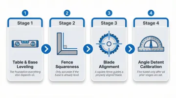 4-stage miter saw setup sequence process flow infographic