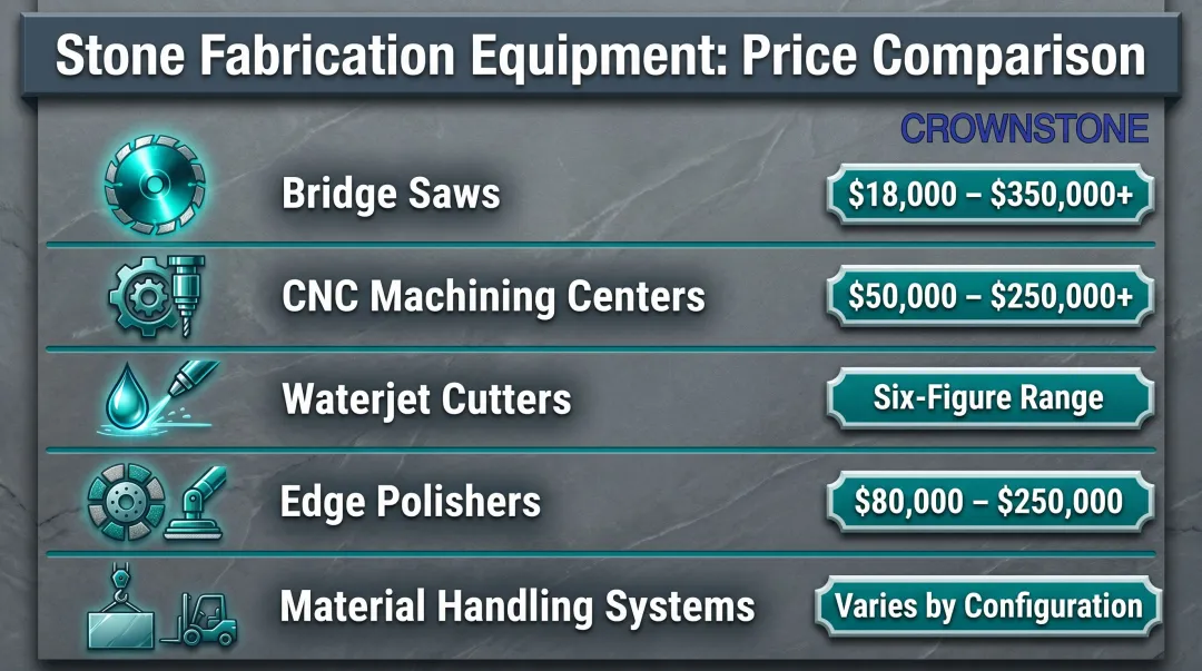 Stone fabrication equipment types and price ranges comparison infographic