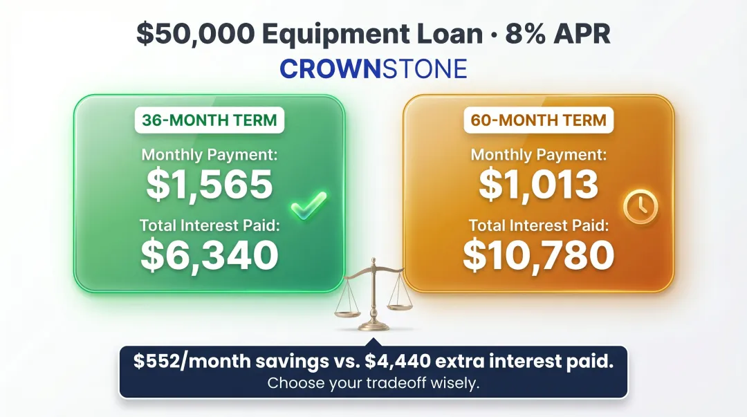 36-month versus 60-month equipment loan total cost comparison bar chart infographic