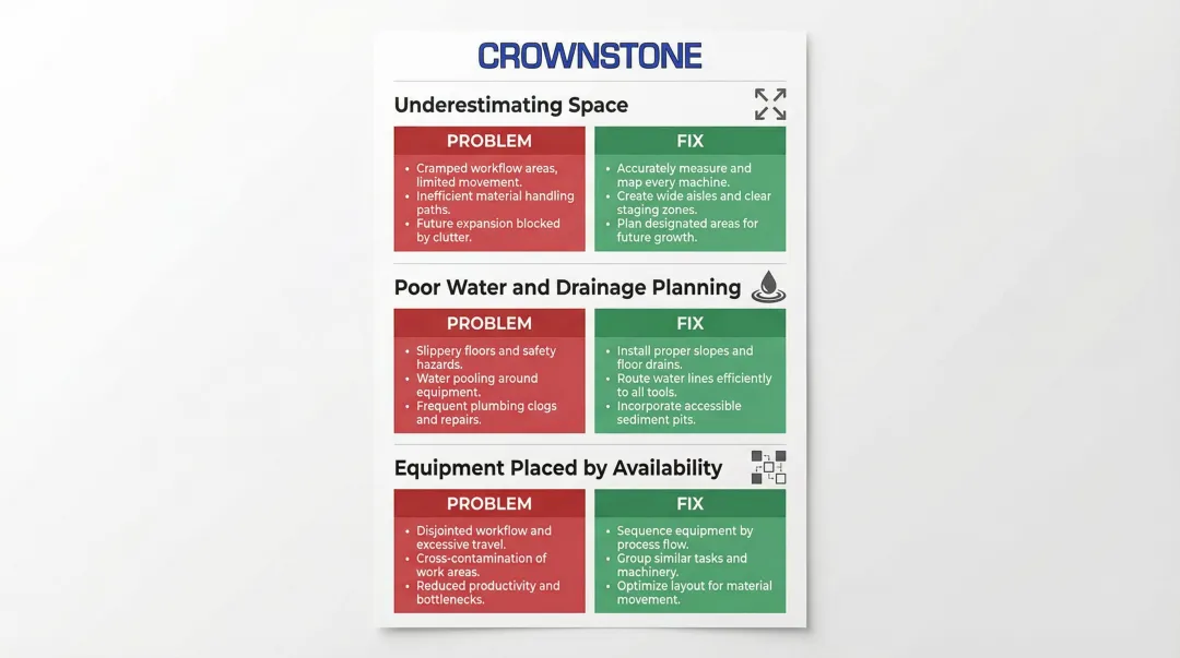 Three common granite fabrication shop layout mistakes with problems and fixes