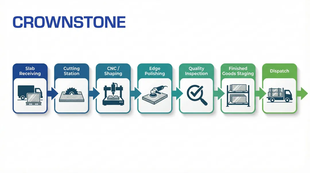 Granite fabrication shop linear workflow sequence from slab receiving to dispatch
