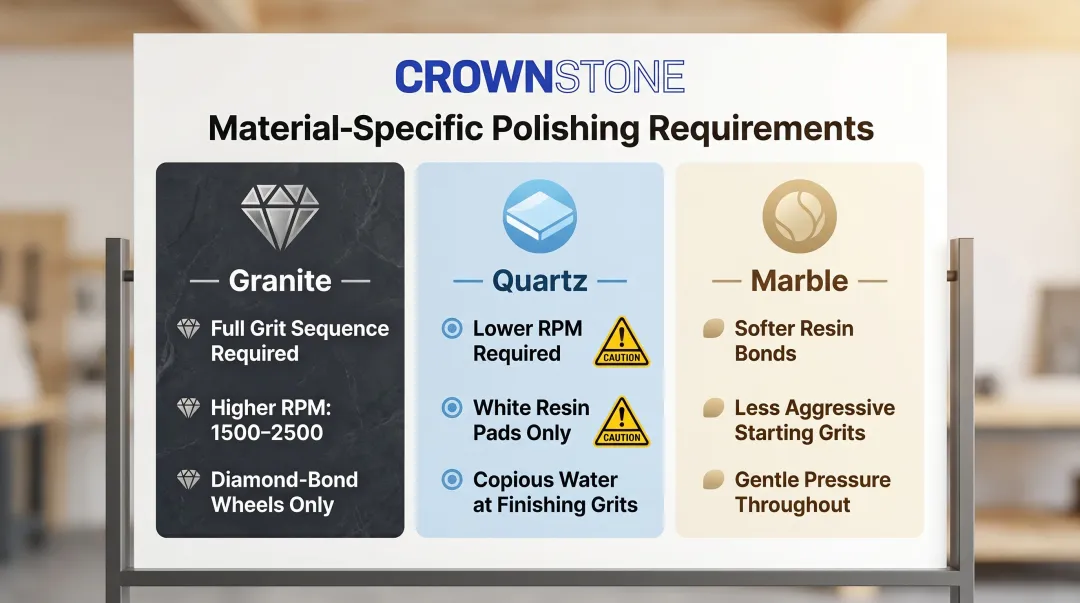 Granite quartz and marble edge polishing abrasive settings comparison infographic