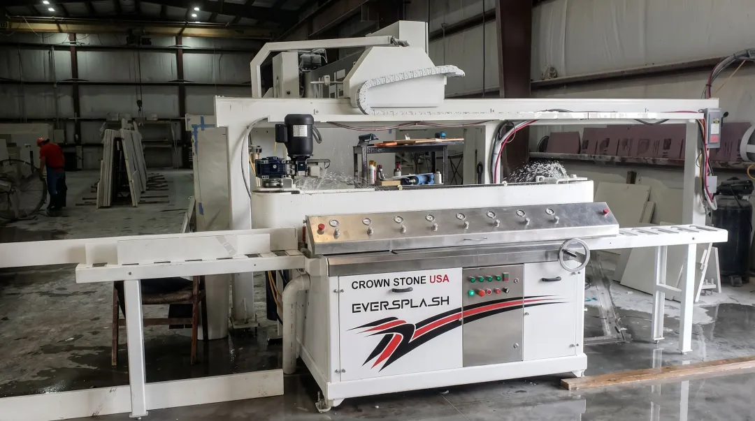 Crown Stone USA Eversplash flat edge polisher machine in fabrication shop