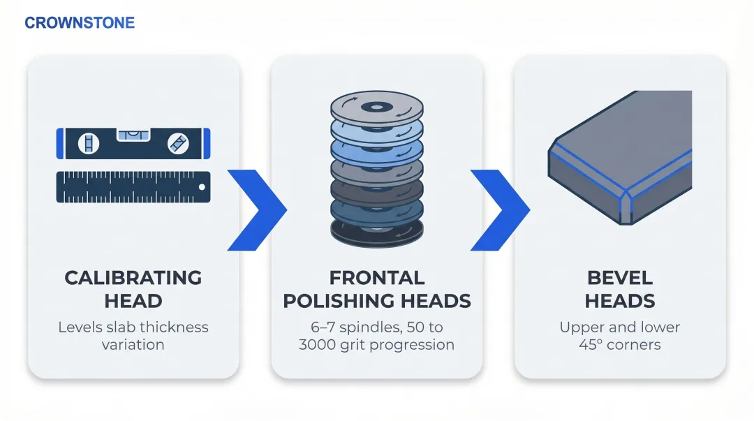 Three-stage edge polisher process flow calibrating grinding and bevel heads