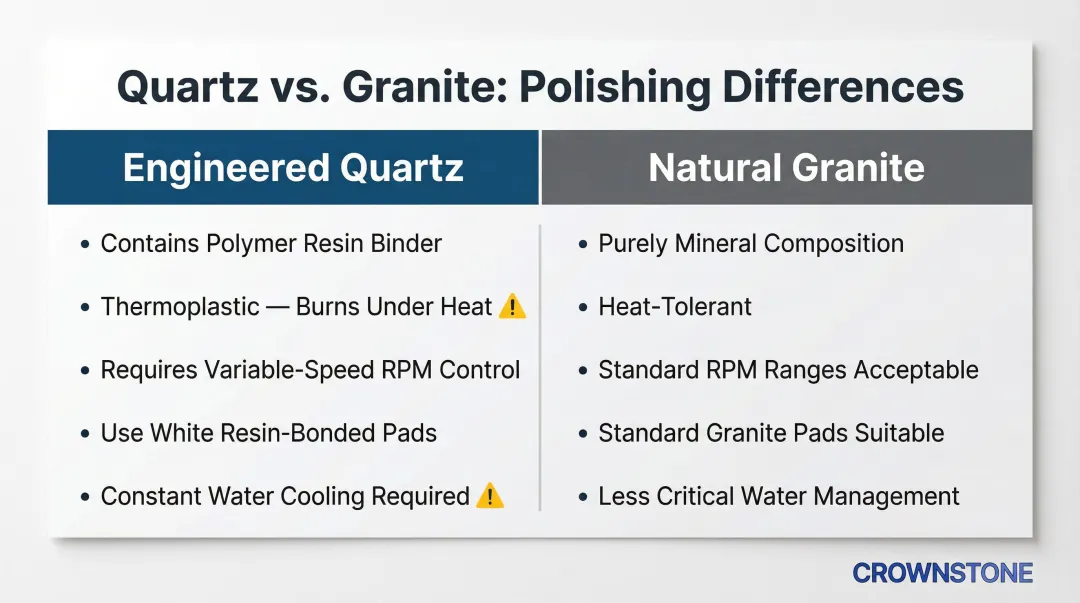 Quartz versus granite polishing key differences in heat resin and tooling requirements