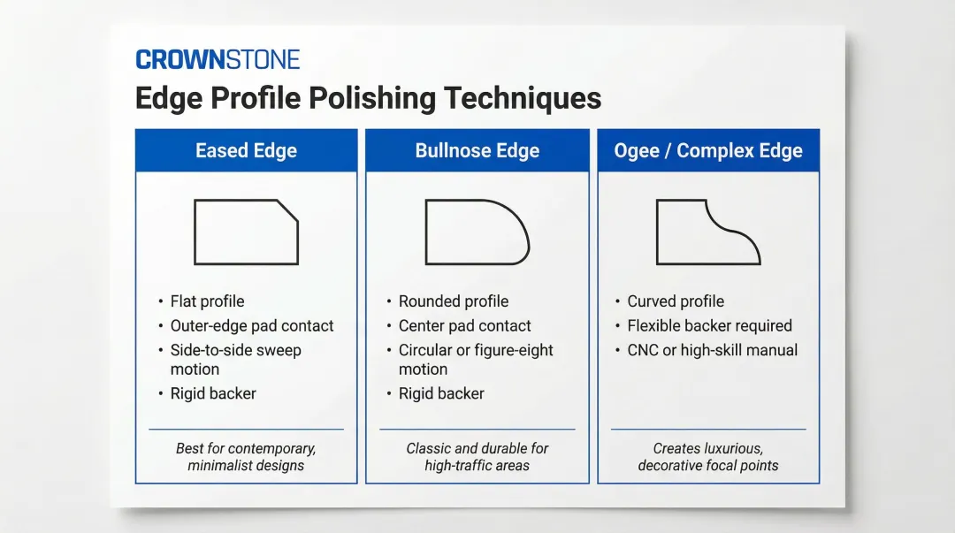 Three quartz edge profiles eased bullnose and ogee polishing technique comparison