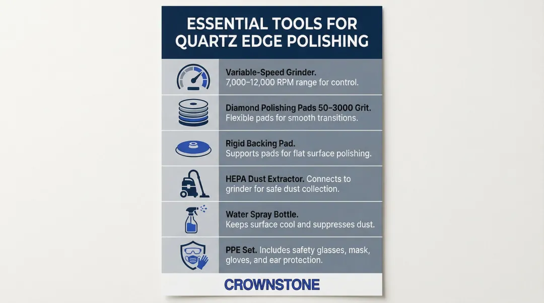 Complete quartz edge polishing toolkit infographic with six essential tools listed