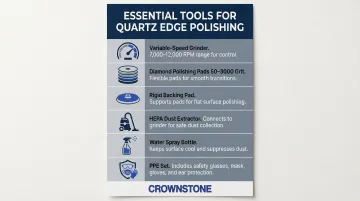 Complete quartz edge polishing toolkit infographic with six essential tools listed