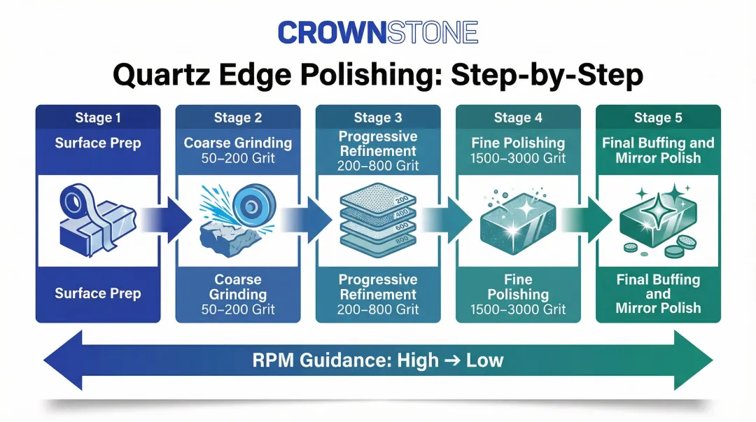 5-step quartz edge polishing process flow from surface prep to mirror finish