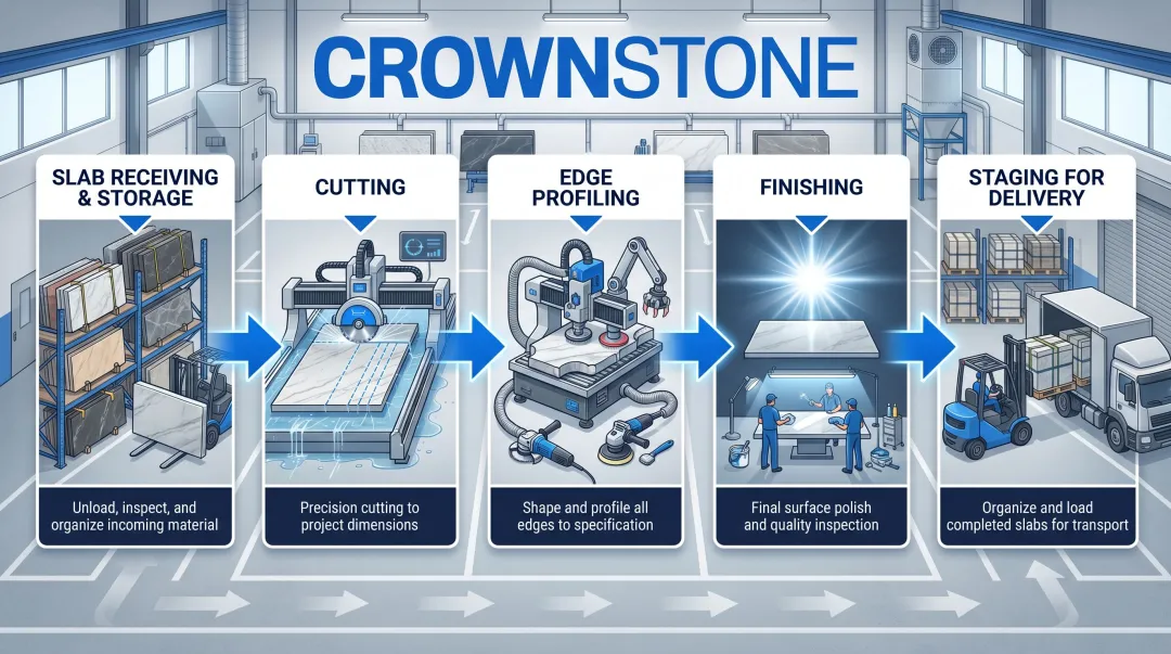 Stone fabrication shop floor workflow layout from slab receiving to delivery staging