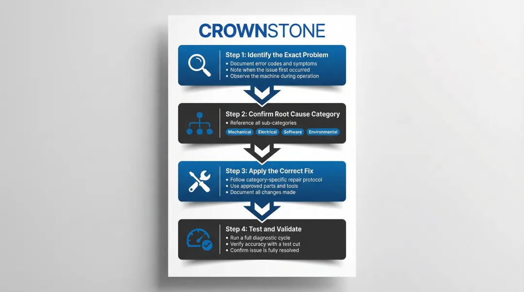 Four-step CNC router diagnosis and repair process flow infographic