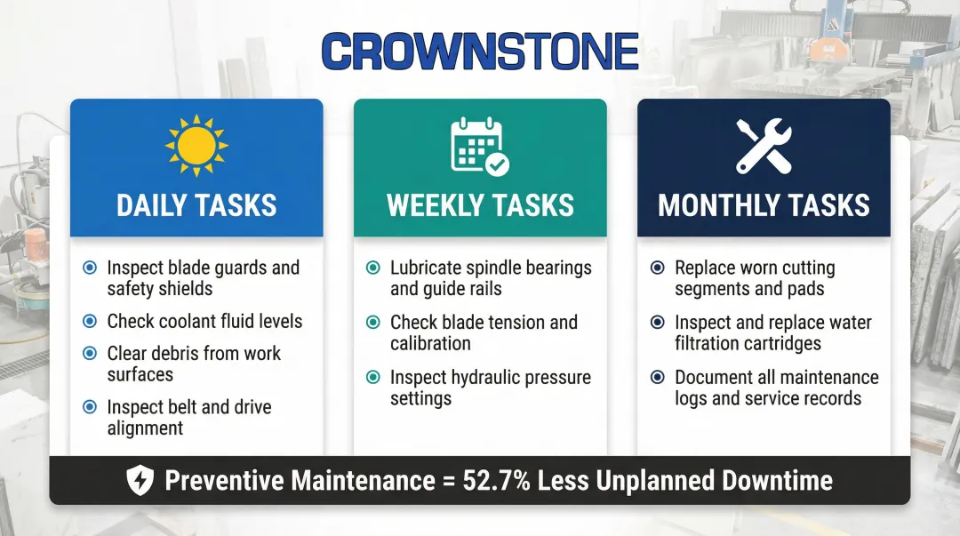 CNC router preventive maintenance schedule daily weekly and monthly tasks infographic