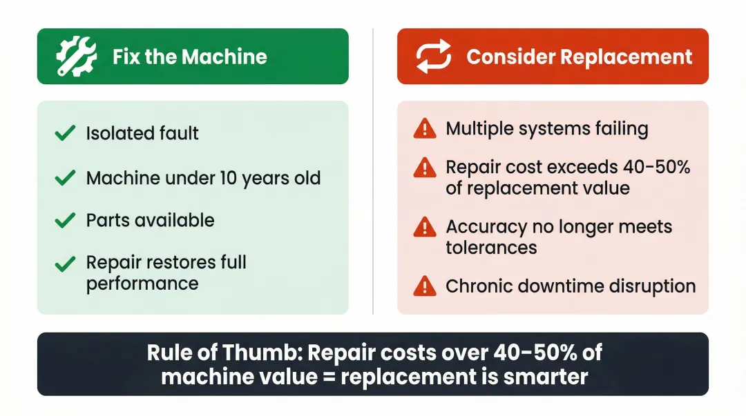 CNC router fix versus replace decision framework comparison infographic