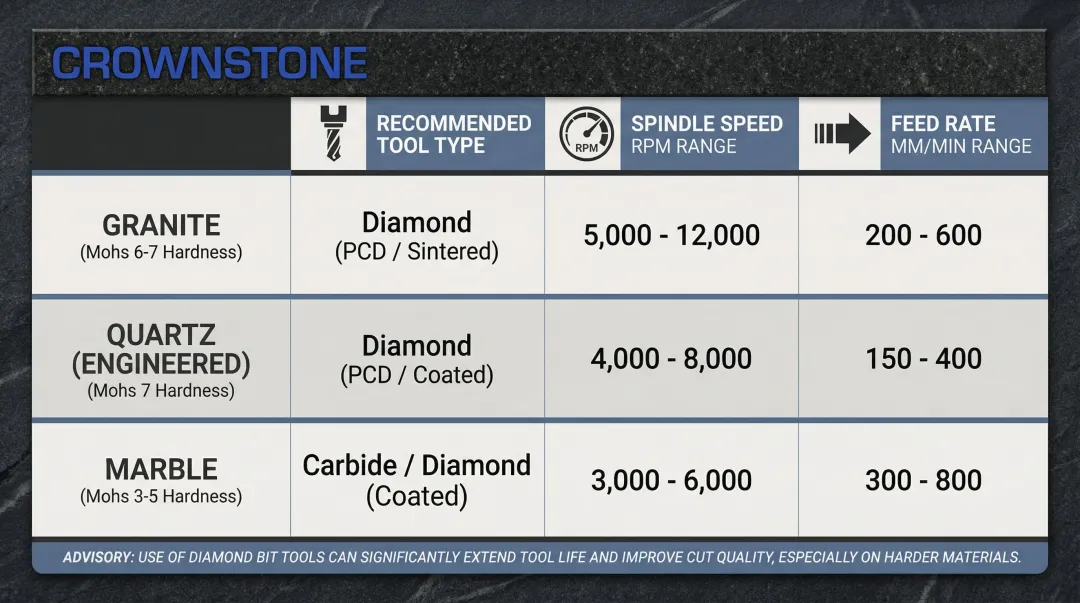 Stone material CNC router tooling and speed settings comparison chart infographic