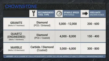 Stone material CNC router tooling and speed settings comparison chart infographic