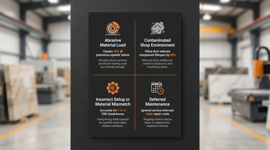 Four root causes of CNC router failure in stone fabrication shops infographic