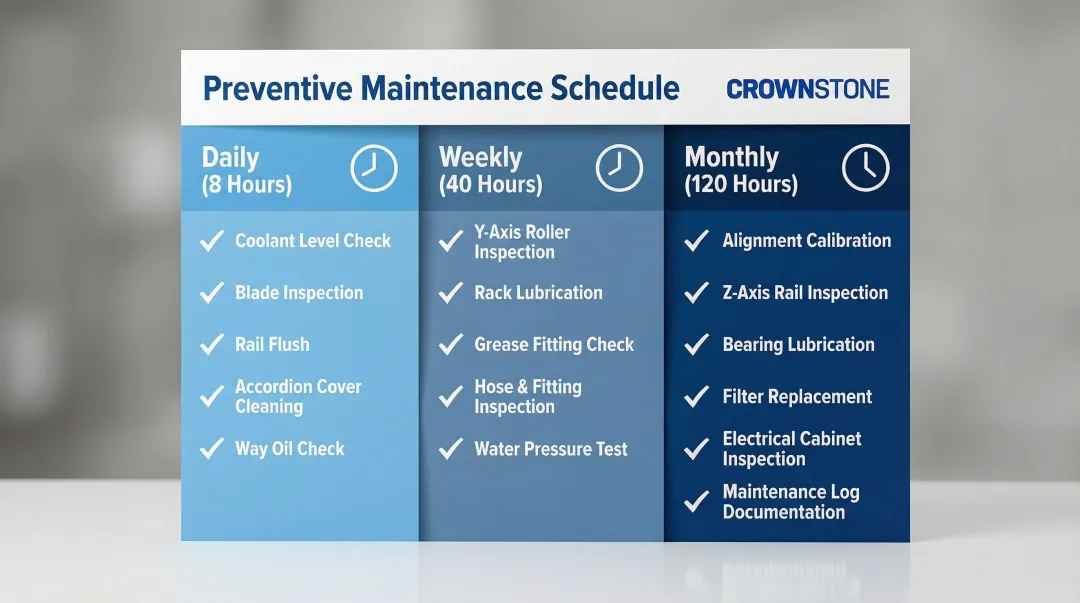 Bridge saw preventive maintenance daily weekly monthly schedule checklist infographic