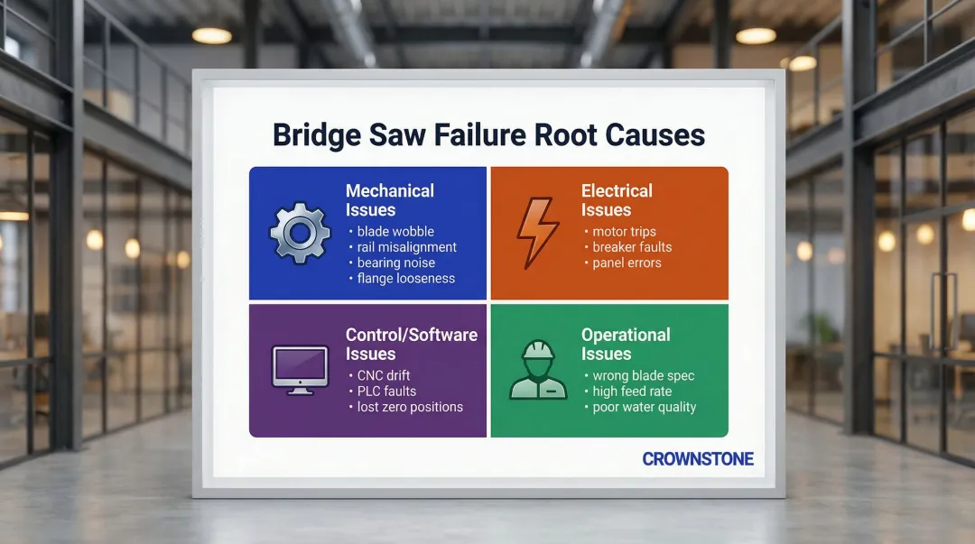 Bridge saw troubleshooting four root cause categories mechanical electrical control operational