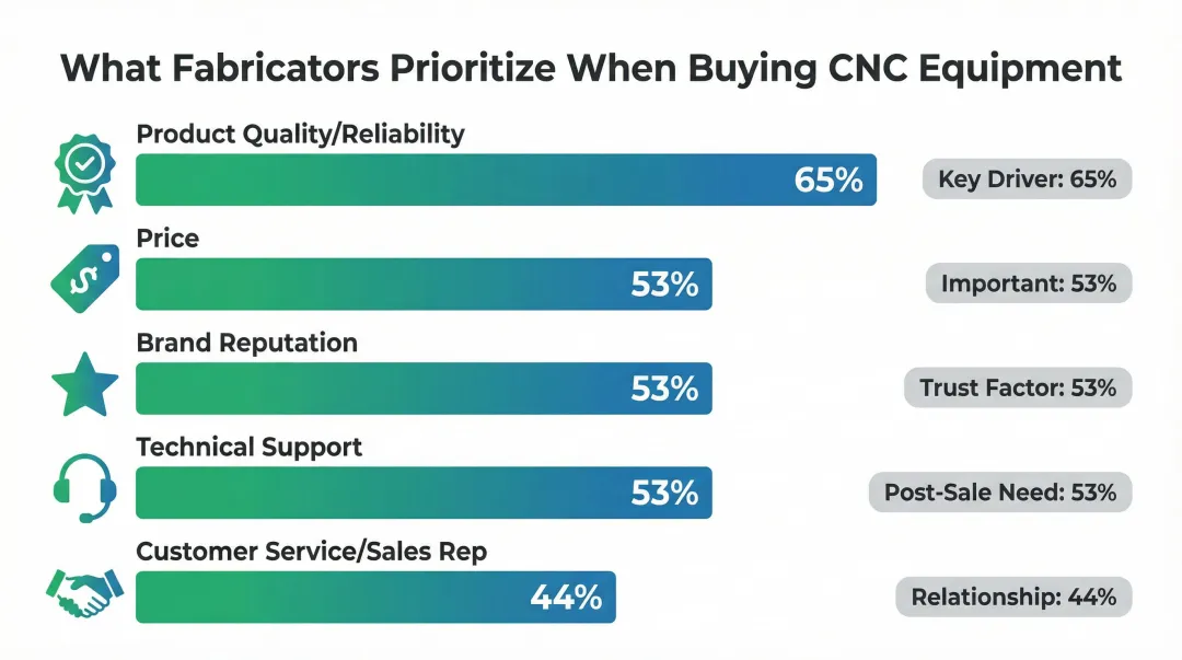 Fabricator CNC machine buying criteria ranked by importance percentage infographic