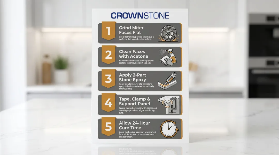 Five-step waterfall miter bonding process from grinding to epoxy cure sequence