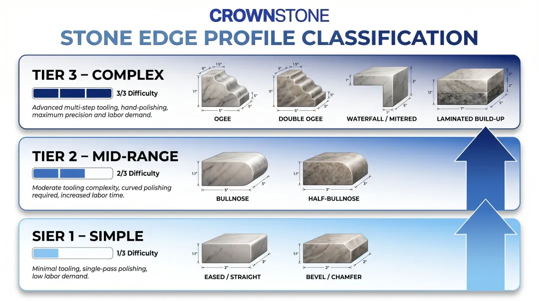 Three-tier stone edge profile complexity classification infographic for fabricators