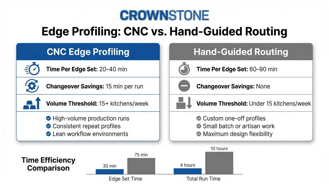 CNC versus hand-guided stone edge routing time and volume comparison infographic