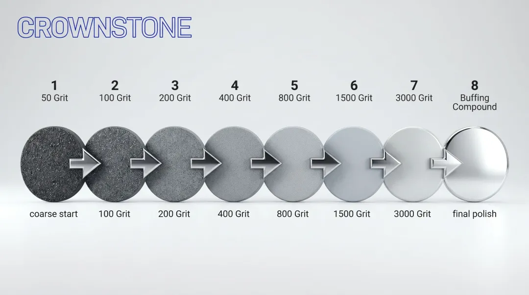 Seven-step diamond grit polishing sequence for granite and quartz stone edges