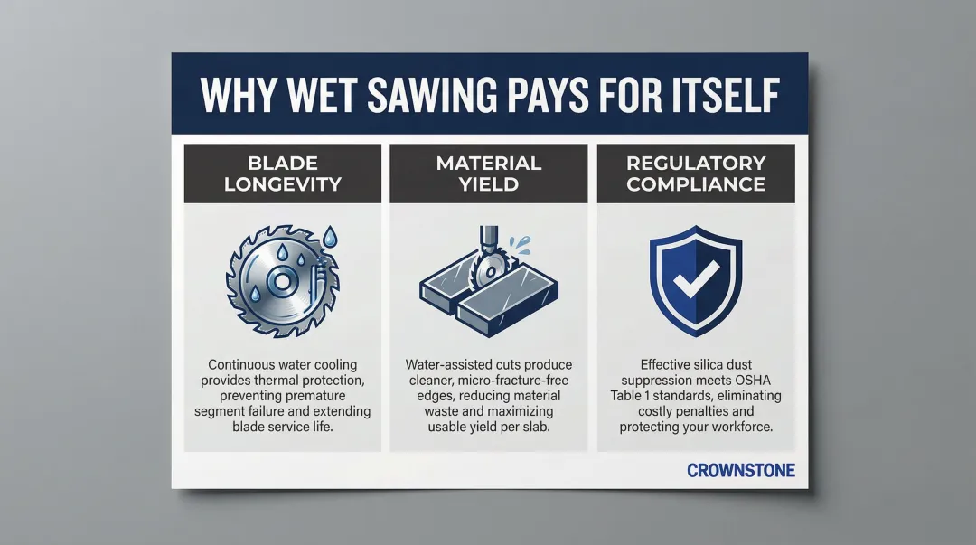Three wet sawing economic benefits blade longevity material yield compliance infographic
