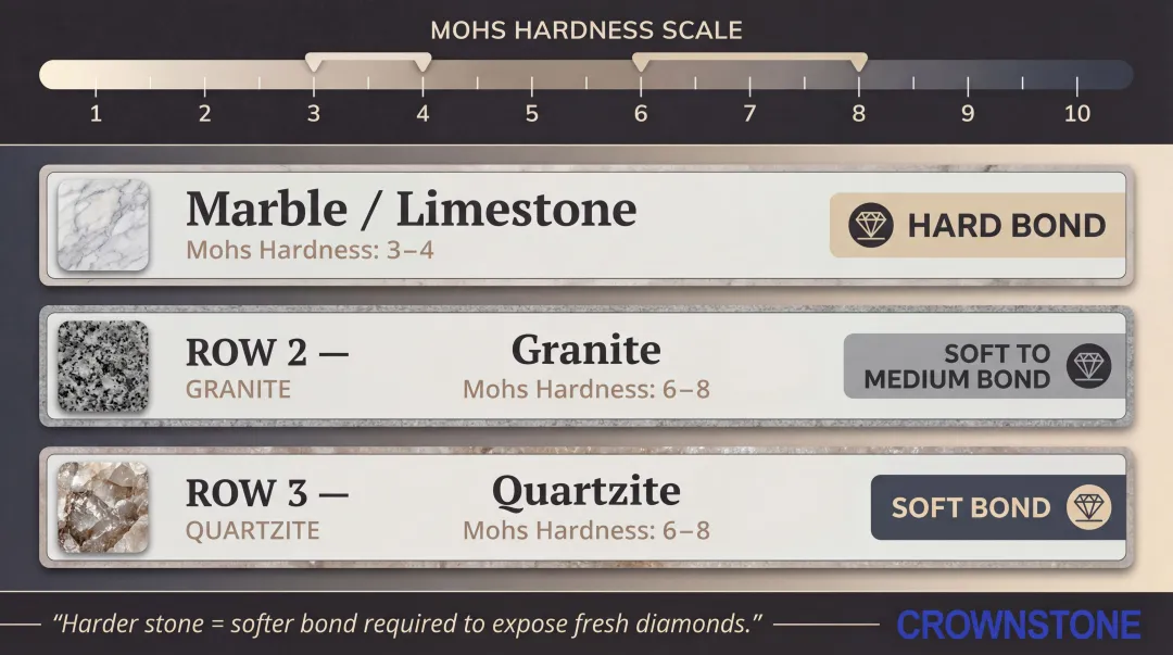 Diamond blade bond hardness selection guide by stone type Mohs hardness comparison chart