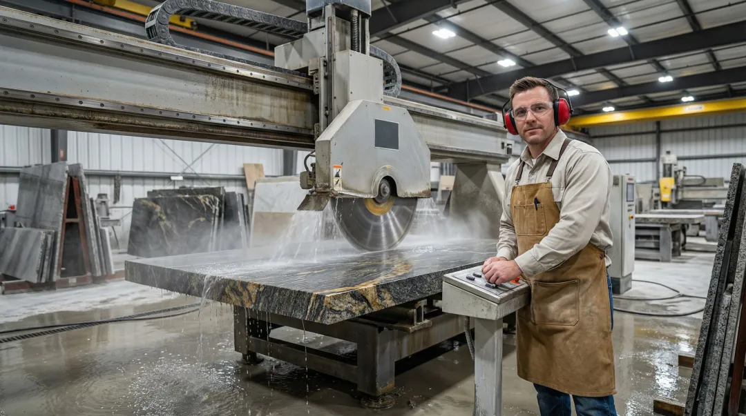 Stone fabricator operating bridge saw cutting granite slab in professional shop