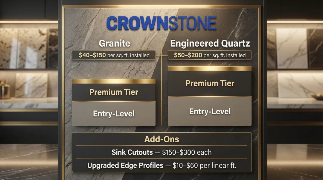 Granite and quartz countertop installed pricing ranges per square foot comparison chart